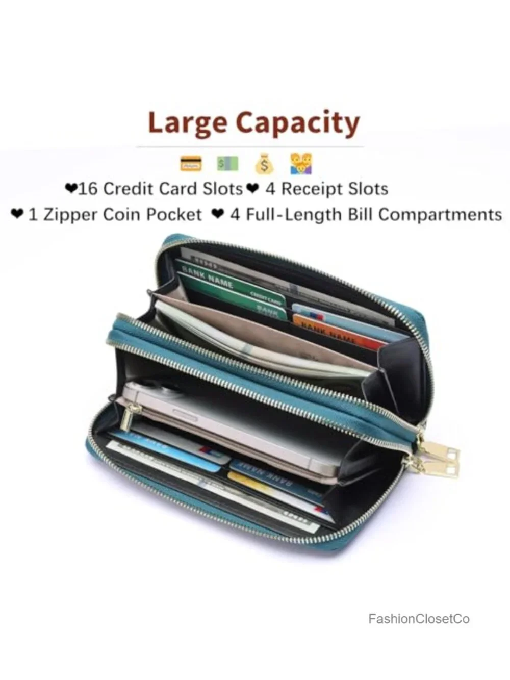 Large Capacity Double Zip Wristlet Leather RFID Blocking Wallet